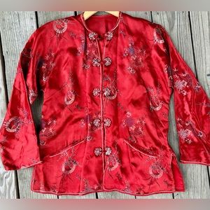 Oriental Embroidered Embellished Silk Long Jacket with No Collar | Kimono